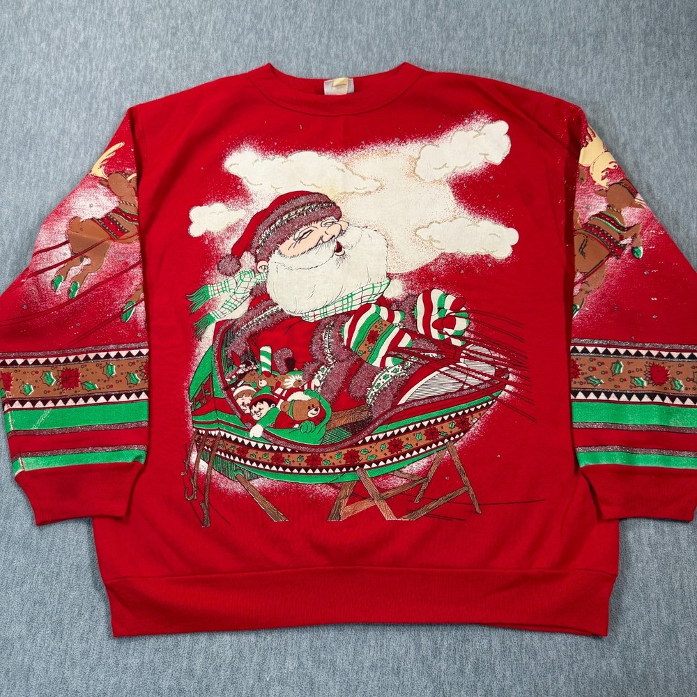 Vintage Holiday Time Santa Claus Sleigh Sweatshirt Red Men's Large Made‎ in USA